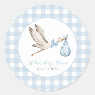 Preppy Southern Blue Boy Stork Baby shower Ronde Sticker