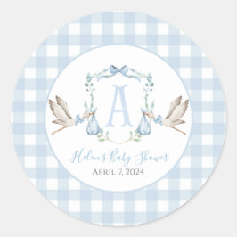 Preppy Southern Blue Boy Stork Baby shower Ronde Sticker