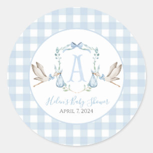 Preppy Southern Blue Boy Stork Baby shower Ronde Sticker