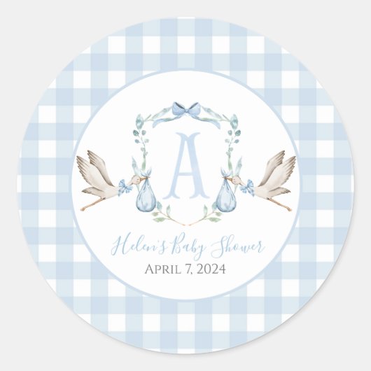 Preppy Southern Blue Boy Stork Baby shower Ronde Sticker (Voorkant)