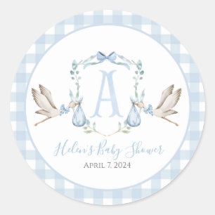 Preppy Southern Blue Boy Stork Baby shower Ronde Sticker