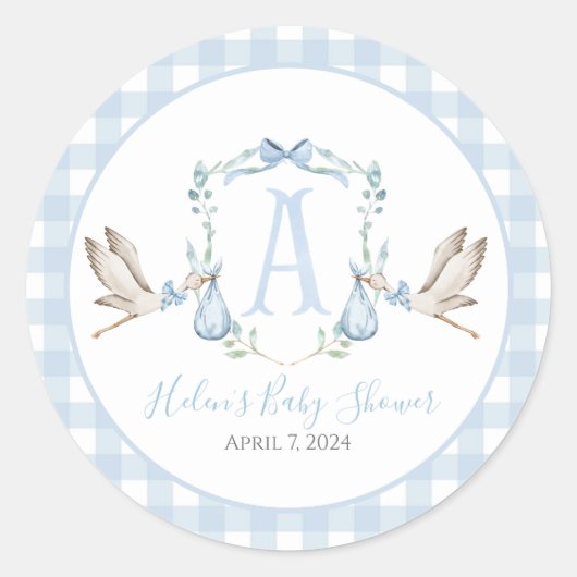 Preppy Southern Blue Boy Stork Baby shower Ronde Sticker (Voorkant)