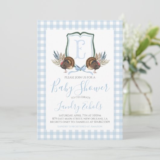 Preppy Southern Blue Boy Turkey Hunter-Baby shower Kaart (Staand voorkant)