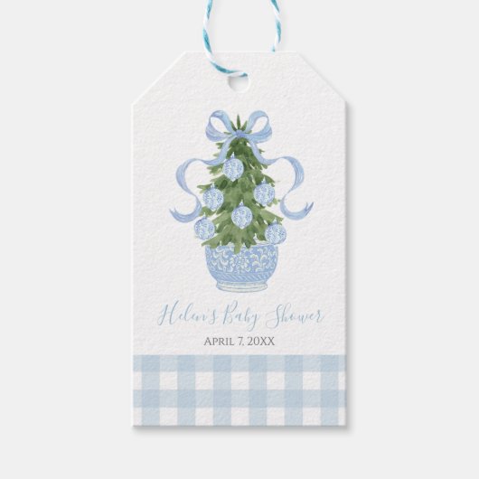 Preppy Southern Blue Chinoiserie Kerstboom Cadeaulabel (Voorkant)
