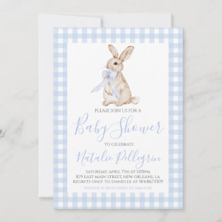 Preppy Southern Blue Gingham Bunny Baby shower Kaart