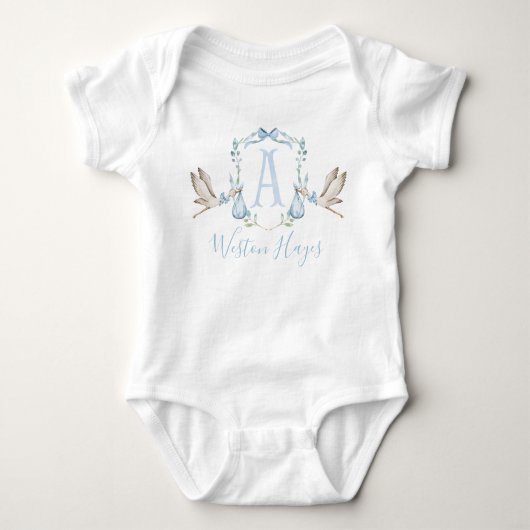 Preppy Southern Blue Stork Boy Baby shower Romper (Voorkant)