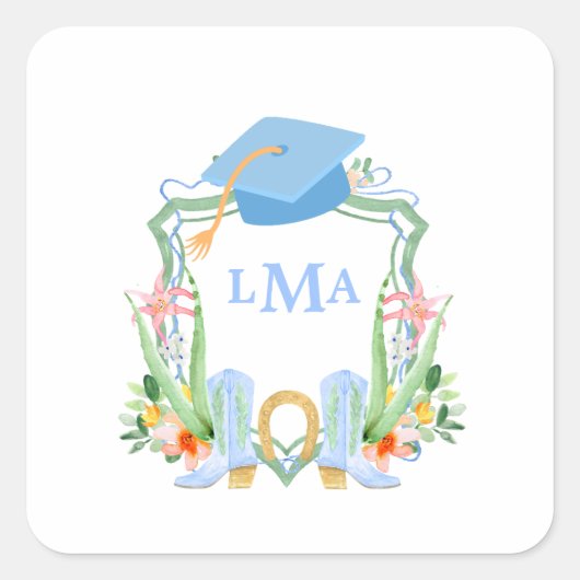 Preppy Southern Cowgirl Monogram Afstuderen Vierkante Sticker (Voorkant)