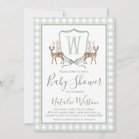 Preppy Southern Deer Sage Green Boy Baby shower Kaart (Voorkant)