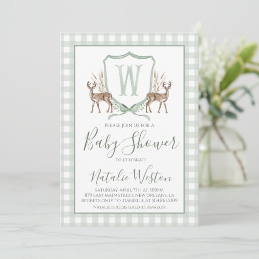 Preppy Southern Deer Sage Green Boy Baby shower Kaart (Staand voorkant)