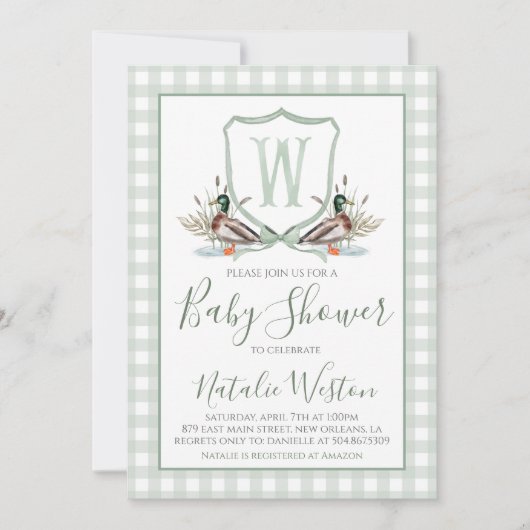 Preppy Southern Duck Sage Green Boy Baby shower Kaart (Voorkant)