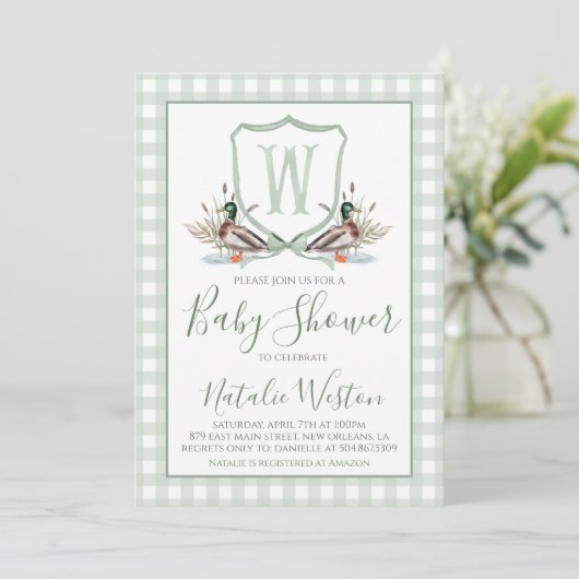 Preppy Southern Duck Sage Green Boy Baby shower Kaart (Staand voorkant)