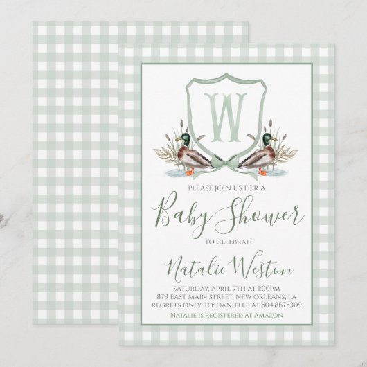 Preppy Southern Duck Sage Green Boy Baby shower Kaart (Voorkant / Achterkant)