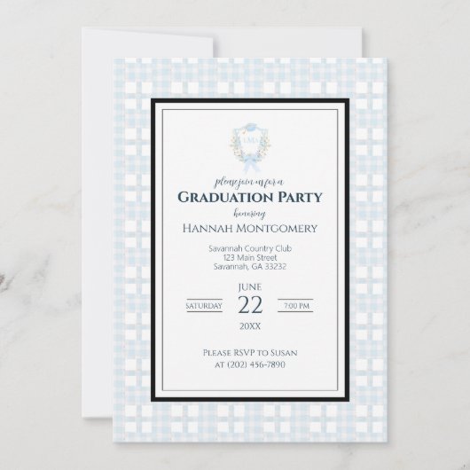 Preppy Southern Gingham Monogram Afstudeerfeest Kaart (Voorkant)