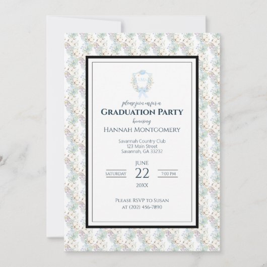 Preppy Southern Gingham Monogram Afstudeerfeest Kaart (Voorkant)