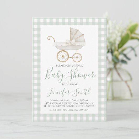 Preppy Southern Green Boy Carriage Baby shower Kaart (Staand voorkant)