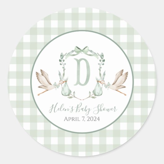 Preppy Southern Green Boy Stork Baby shower Ronde Sticker (Voorkant)