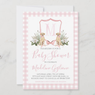 Preppy Southern Pink Dog Girl Baby shower Kaart