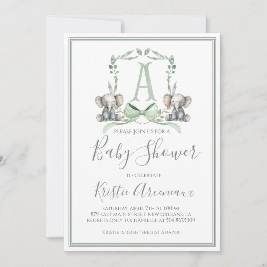Preppy Southern Sage Boy Elephant Baby shower Kaart (Voorkant)