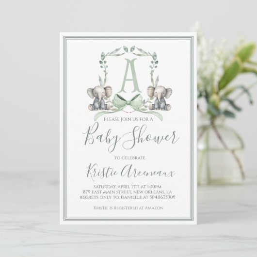 Preppy Southern Sage Boy Elephant Baby shower Kaart (Staand voorkant)