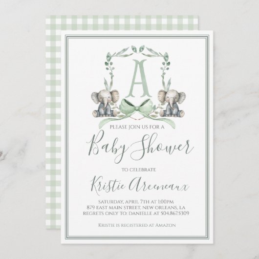 Preppy Southern Sage Boy Elephant Baby shower Kaart (Voorkant / Achterkant)