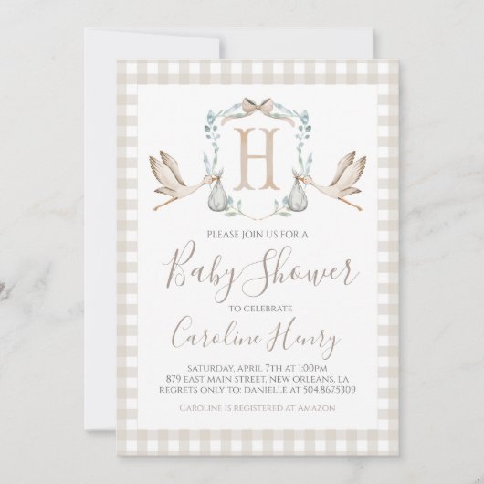 Preppy Southern Tan Stork Baby shower Invitation Kaart (Voorkant)