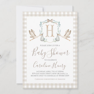 Preppy Southern Tan Stork Baby shower Invitation Kaart