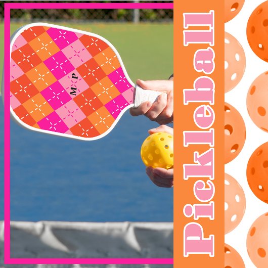 Preppy Sportief Roze en Sinaasappel Argyle Geperso Pickleball Paddle