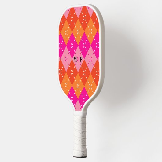 Preppy Sportief Roze en Sinaasappel Argyle Geperso Pickleball Paddle (Links)