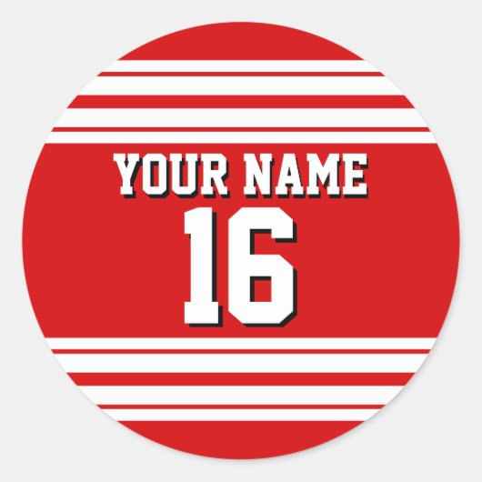 Preppy Sporty Red met White Stripes Team Jersey Ronde Sticker (Voorkant)