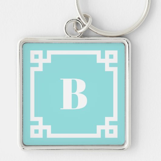 Preppy Square Greek Key Border Aqua Blue Monogram Sleutelhanger (Voorkant)