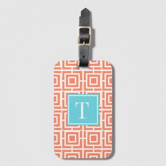 Preppy Square Lattice Monogram - Coral & Turquoise Bagagelabel (Voorkant (verticaal))