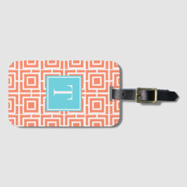 Preppy Square Lattice Monogram - Coral & Turquoise Bagagelabel