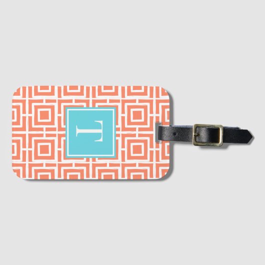 Preppy Square Lattice Monogram - Coral & Turquoise Bagagelabel (Voorkant (horizontaal))