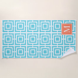 Preppy Square Lattice Monogram - Coral & Turquoise Strandlaken