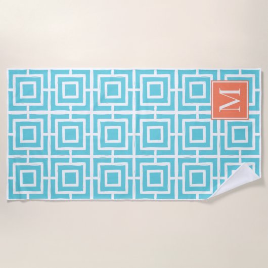 Preppy Square Lattice Monogram - Coral & Turquoise Strandlaken (Voorkant)