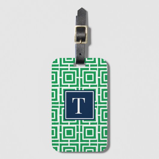 Preppy Square Lattice Monogram - Green & Navy Bagagelabel (Voorkant (verticaal))