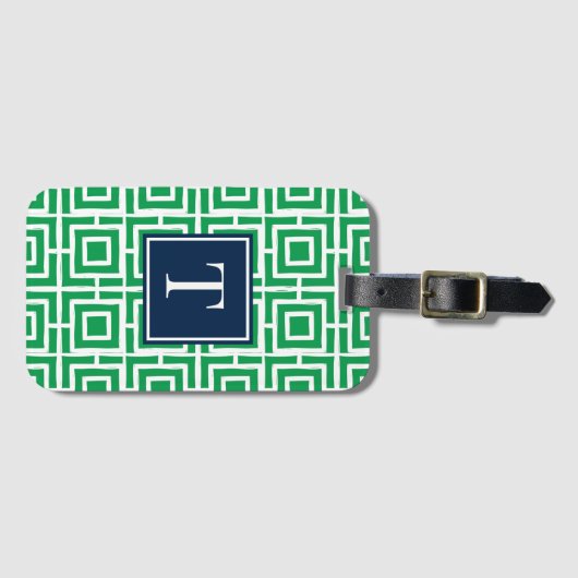 Preppy Square Lattice Monogram - Green & Navy Bagagelabel (Voorkant (horizontaal))