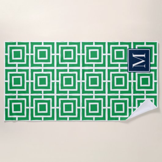 Preppy Square Lattice Monogram – Green & Navy Strandlaken (Voorkant)