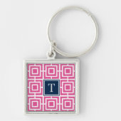 Preppy Square Lattice Monogram - Hot Pink & Navy Sleutelhanger (Voorkant)