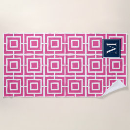 Preppy Square Lattice Monogram – Hot Pink & Navy Strandlaken