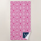 Preppy Square Lattice Monogram – Hot Pink & Navy Strandlaken (Voorkant)