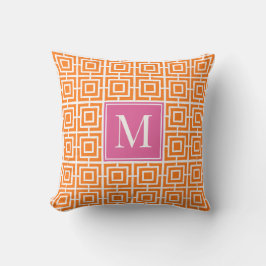 Preppy Square Lattice Monogram Hot Pink & Orange Buitenkussen