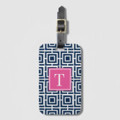 Preppy Square Lattice Monogram – Navy & Hot Pink Bagagelabel (Voorkant (verticaal))