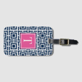 Preppy Square Lattice Monogram – Navy & Hot Pink Bagagelabel (Voorkant (horizontaal))