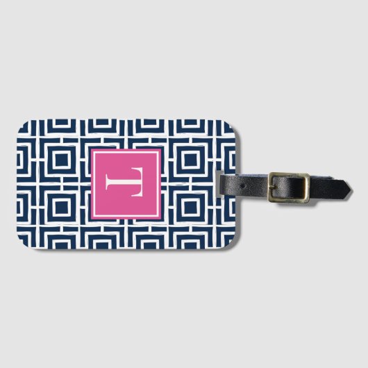 Preppy Square Lattice Monogram – Navy & Hot Pink Bagagelabel (Voorkant (horizontaal))