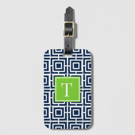 Preppy Square Lattice Monogram – Navy & Lime Bagagelabel (Voorkant (verticaal))