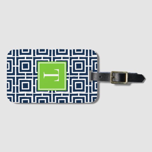 Preppy Square Lattice Monogram – Navy & Lime Bagagelabel (Voorkant (horizontaal))