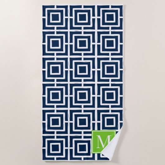 Preppy Square Lattice Monogram – Navy & Lime Strandlaken (Voorkant)