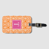 Preppy Square Lattice Monogram Orange & Hot Pink Bagagelabel (Voorkant (horizontaal))