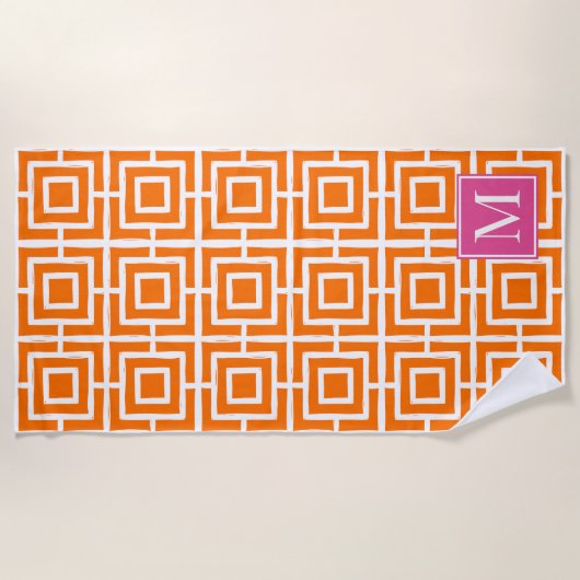 Preppy Square Lattice Monogram Orange & Hot Pink Strandlaken (Voorkant)